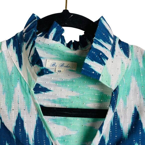 Be Boho Dress Womens Extra Small Blue Green White Ikat Print Button Tiered India - Picture 3 of 9
